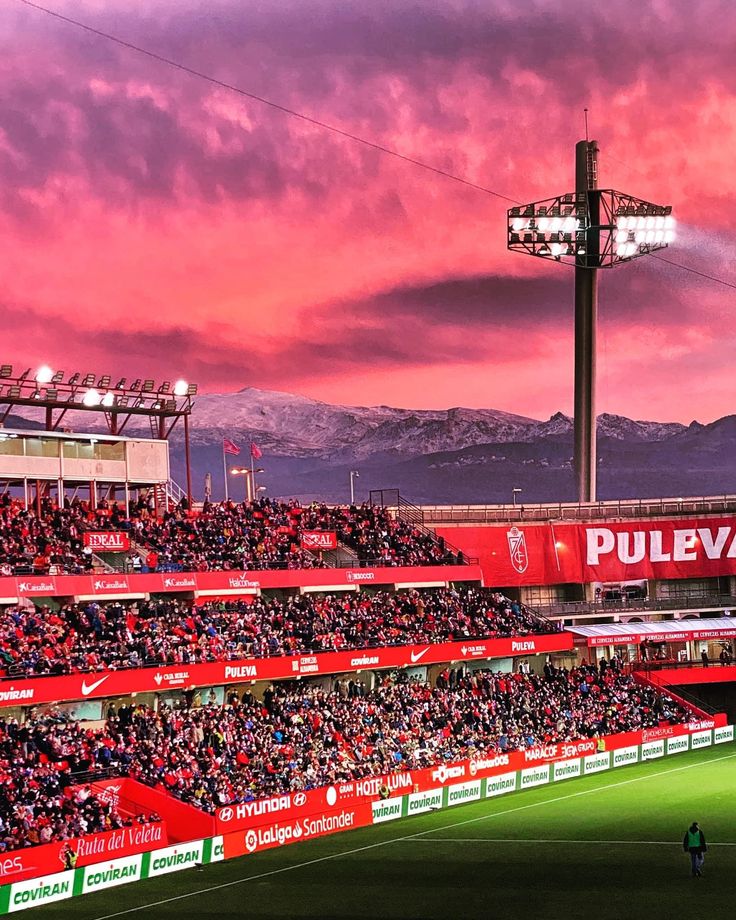 Los Cármenes lleno al atardecer con Sierra Nevada al fondo